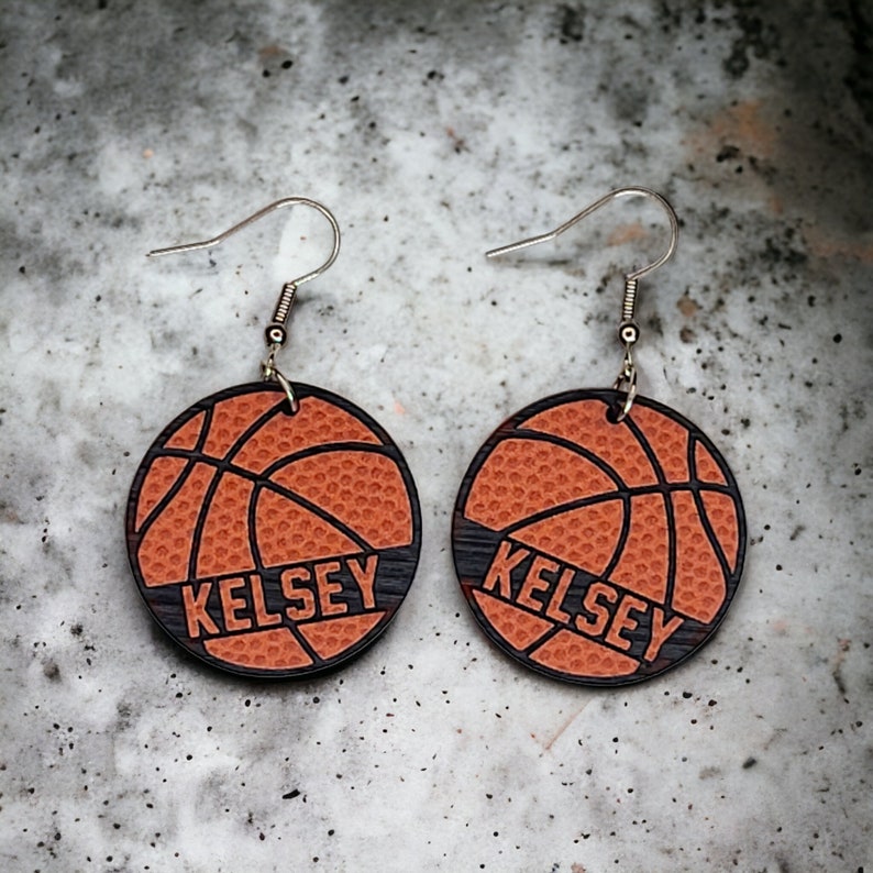Personalized basketball earrings made by The Messy Woodworker