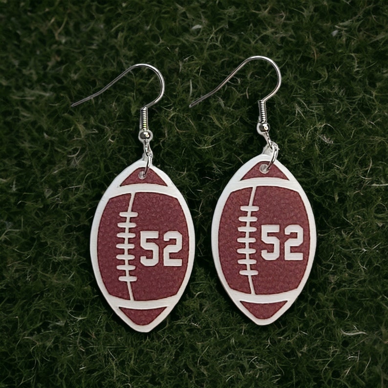 Jersey number football earrings made by The Messy Woodworker