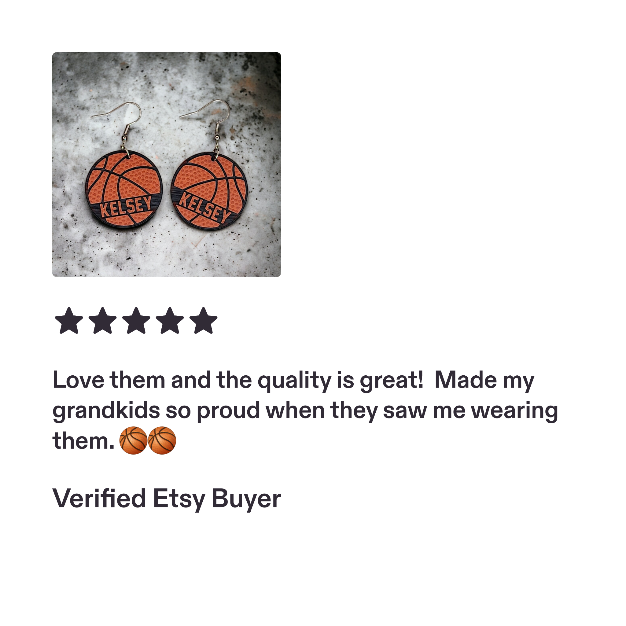 Personalized KELSEY basketball earrings.